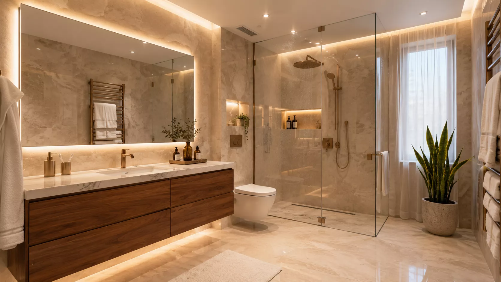 Luxurious bathroom decor with elegant lighting and durable, practical materials.